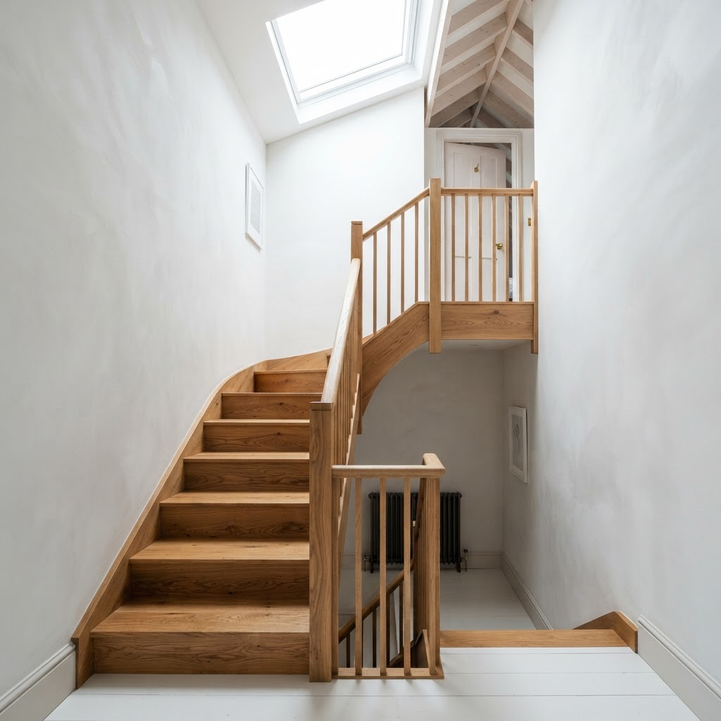 Crafted wooden staircase connecting living space to new loft conversion