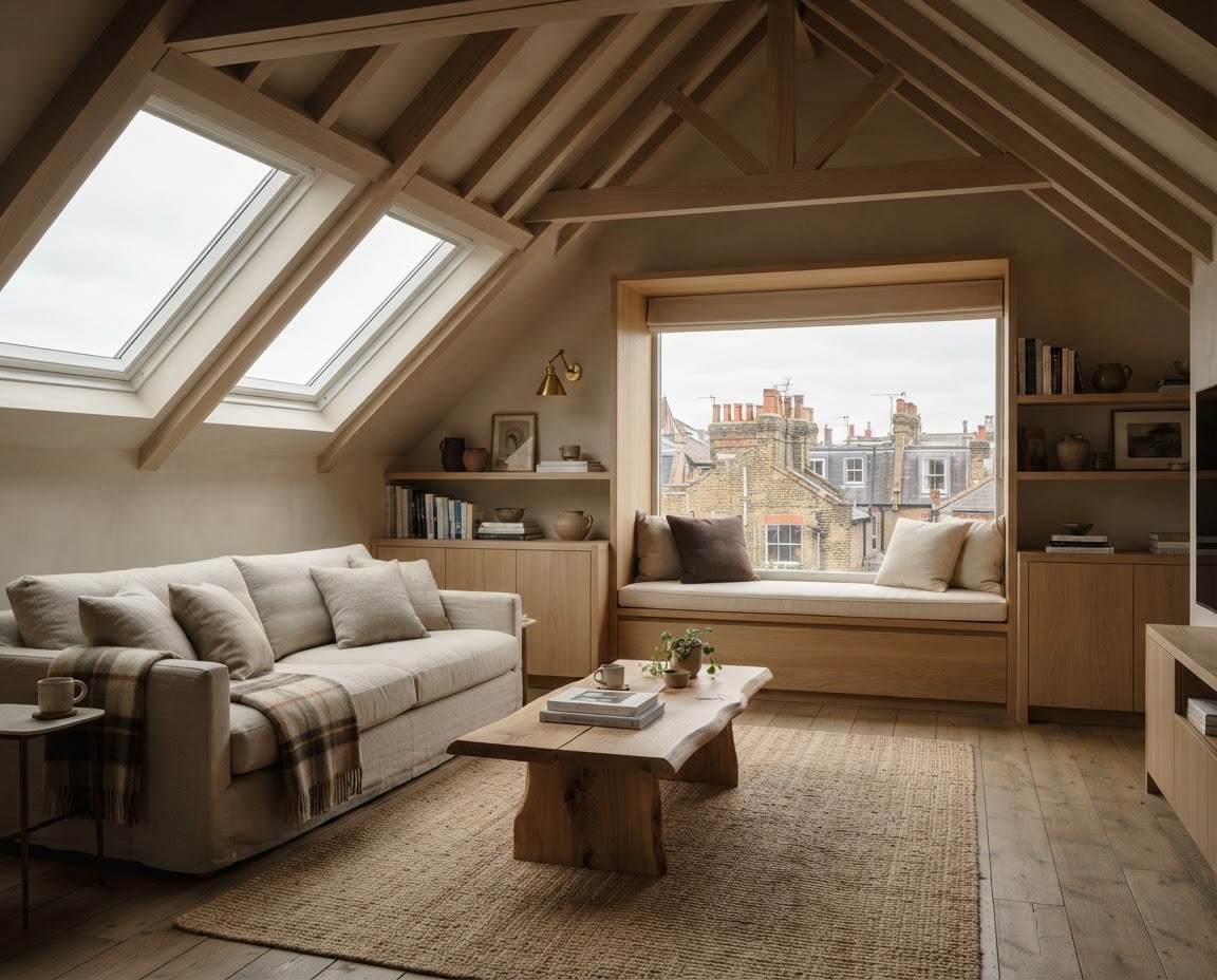 Finished loft interior with warm timber beams, sofa and panoramic rooftop window