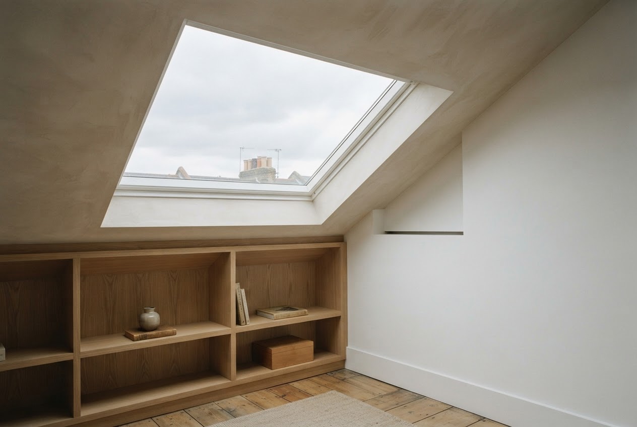 Light through a pitched roof with warm wood shelves