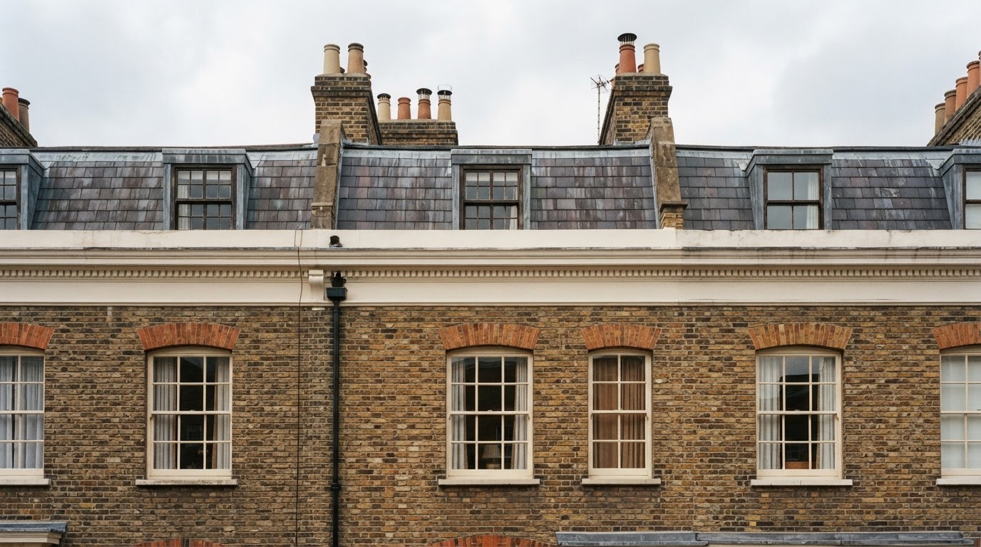 Period London rooflines with brick chimneys and dormers